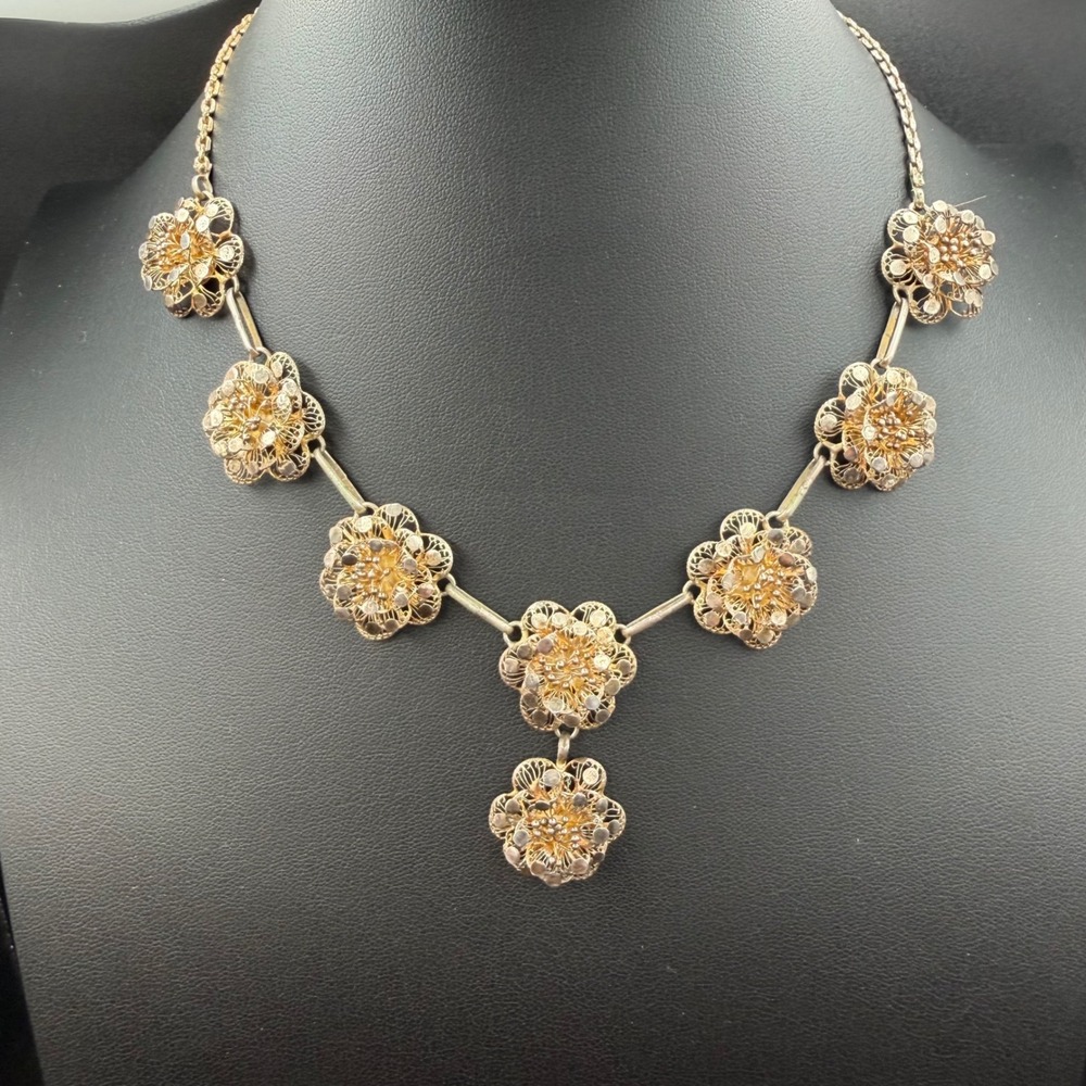 Vintage Flower Filigree Necklace Sterling Silver Floral Drop Antique 16 Inch
